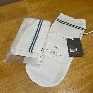 Restoration Hardware Italian Hotel Satin Stitch Lumbar Sham White Navy 14x22 NEW